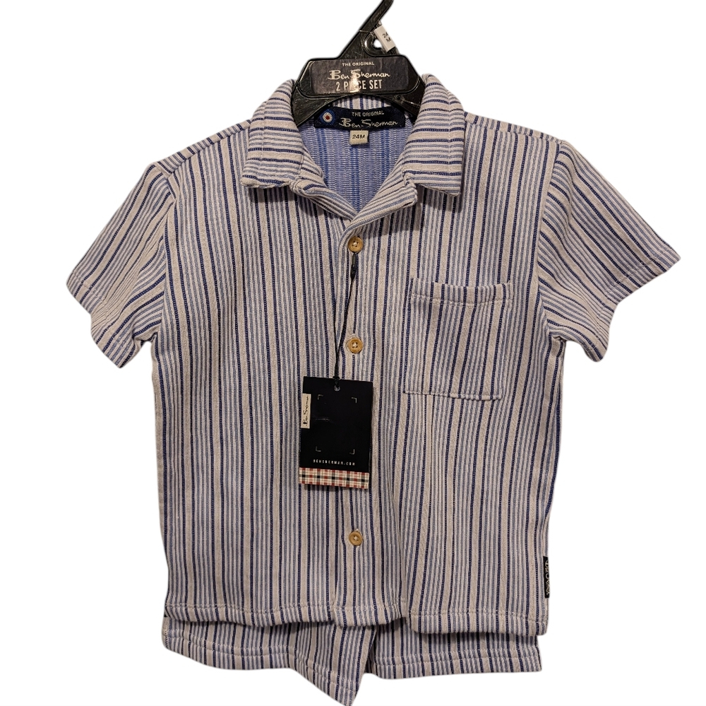 Ben Sherman 2 Piece Striped Shirt & Shorts Set - Blue and White Size 24M